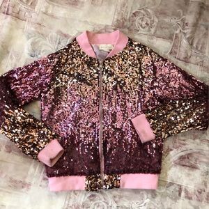 Girls Sequin Bomber Jacket - Pink & Rose Gold Size l